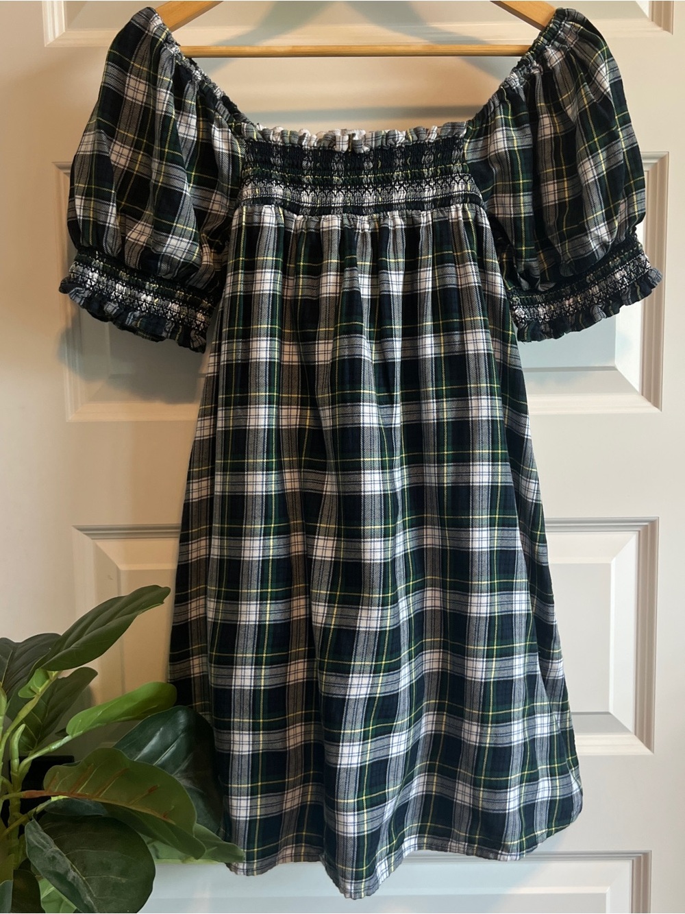 AMERICAN EAGLE Plaid Smocked Babydoll Puff Sleeve Mini Small
